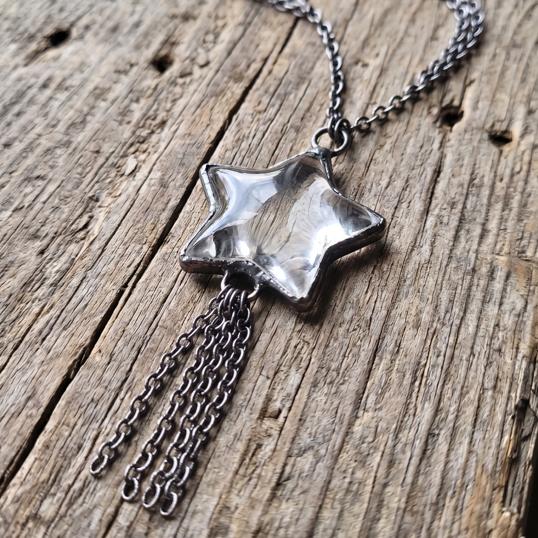Celestial Clear Glass Star Fringe Necklace - Gunmetal & Antique Silver Long Boho Pendant