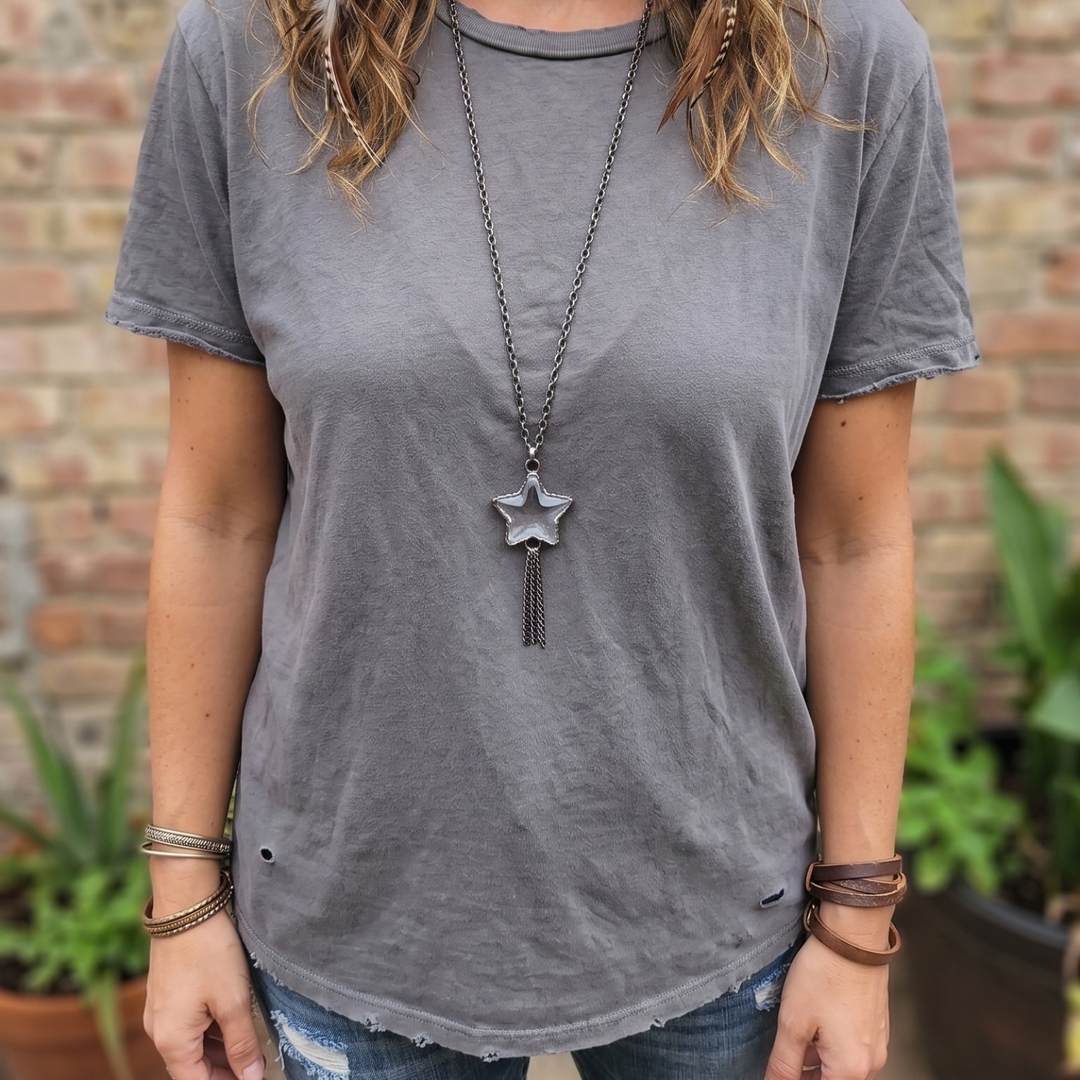 Celestial Clear Glass Star Fringe Necklace - Gunmetal & Antique Silver Long Boho Pendant