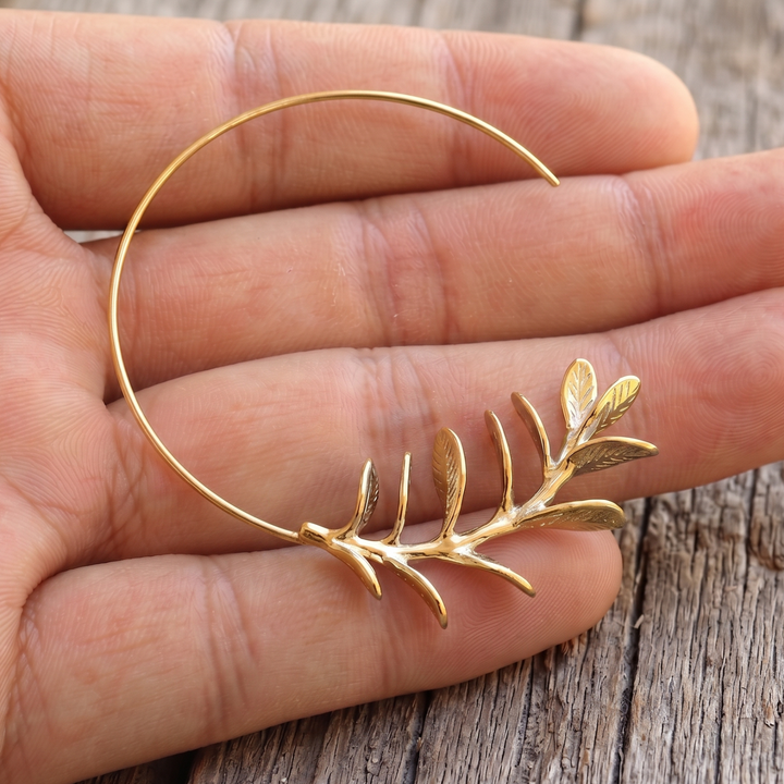 18K Gold Plated Leaf Branch Open Hoop Earrings | Botanical Celestial Hoop Pair