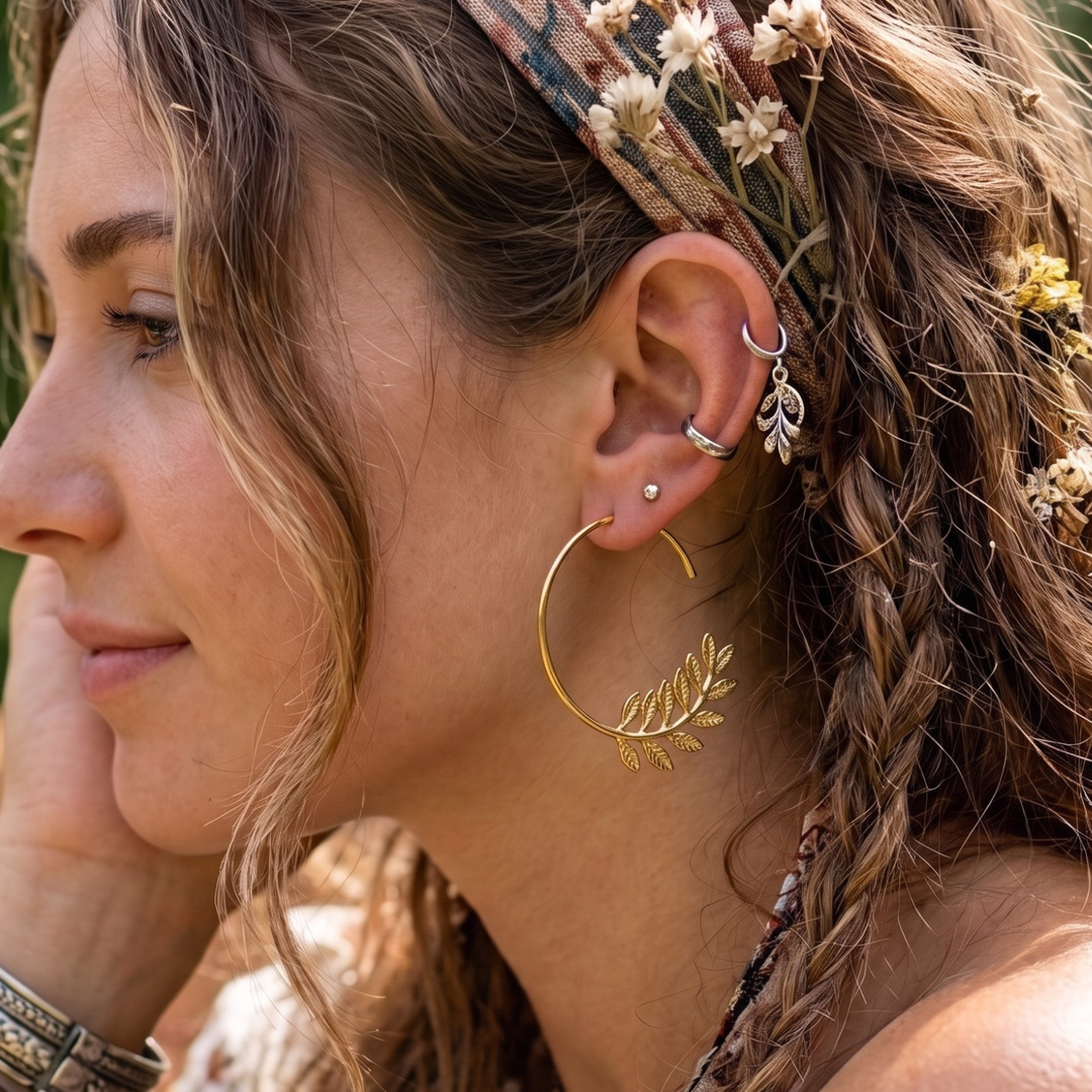 18K Gold Plated Leaf Branch Open Hoop Earrings | Botanical Celestial Hoop Pair