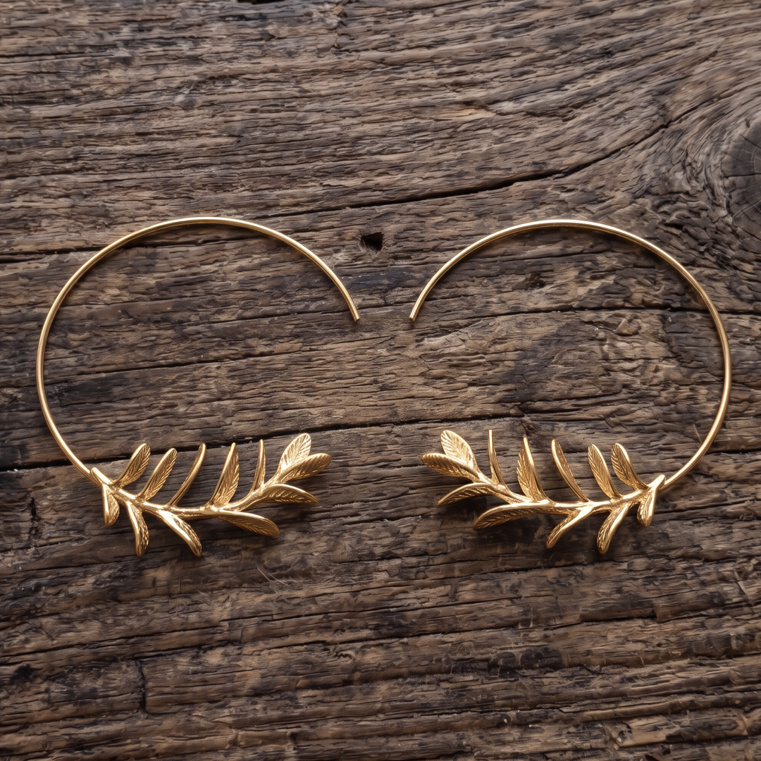 18K Gold Plated Leaf Branch Open Hoop Earrings | Botanical Celestial Hoop Pair