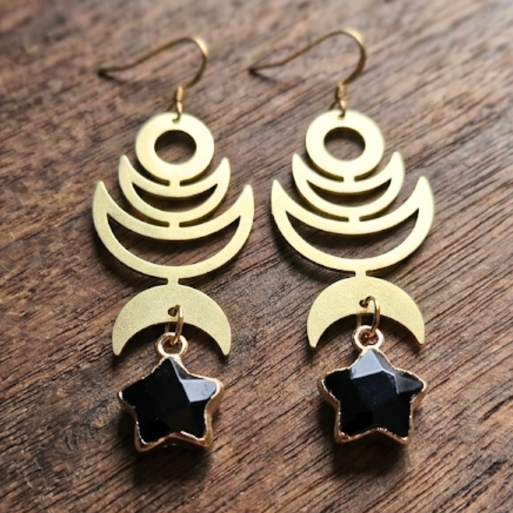 Raw Brass Moon Phase Earrings with Black Obsidian Star Charms | 18k Gold Ear Hooks