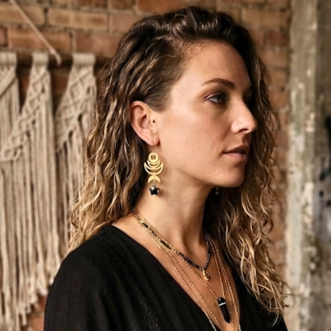 Raw Brass Moon Phase Earrings with Black Obsidian Star Charms | 18k Gold Ear Hooks