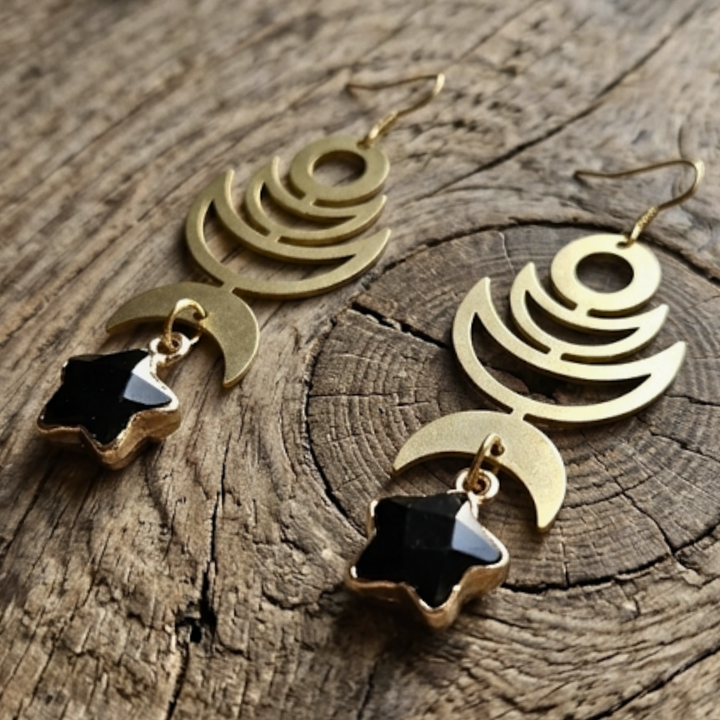 Raw Brass Moon Phase Earrings with Black Obsidian Star Charms | 18k Gold Ear Hooks