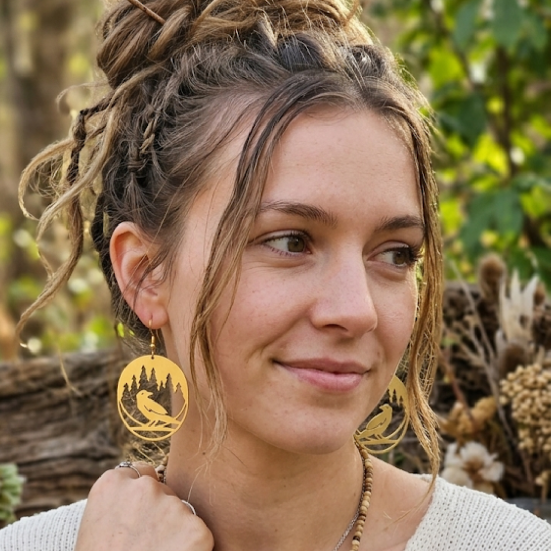 Raven & Forest Motif Earrings | Raw Brass & 18k Gold Plated Boho Dangle Jewelry