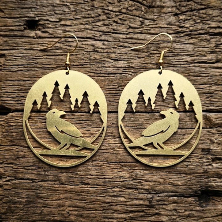 Raven & Forest Motif Earrings | Raw Brass & 18k Gold Plated Boho Dangle Jewelry