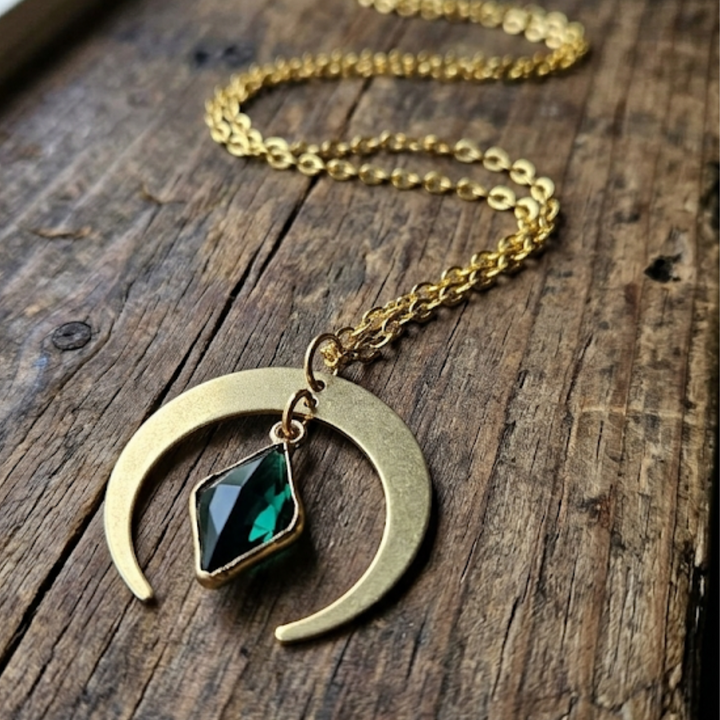 Evergreen Crescent Moon Crystal Necklace