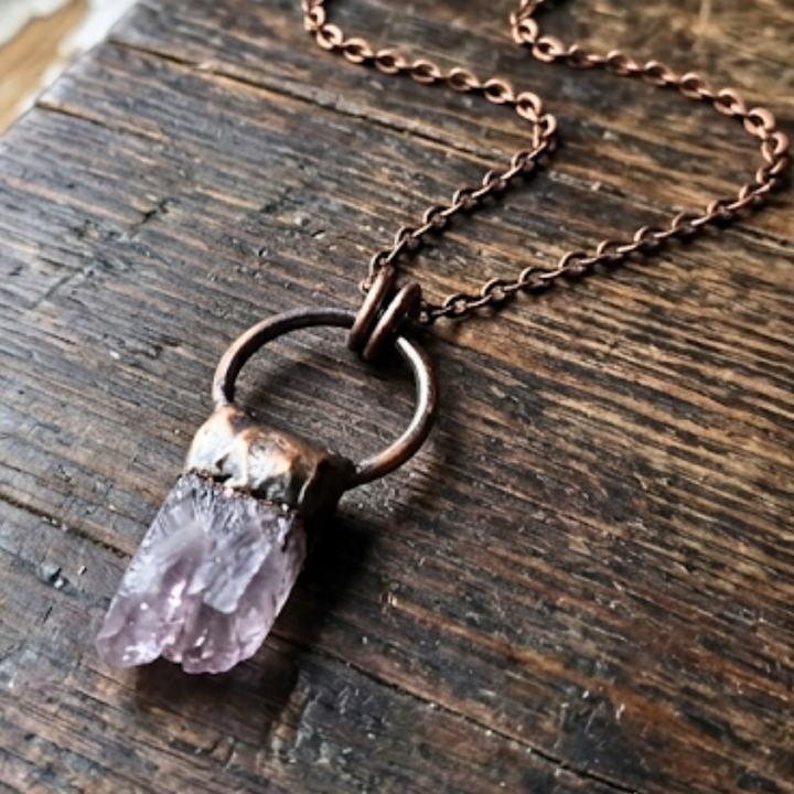 Raw Amethyst Crystal Point Necklace in Antique Copper – Bohemian Statement Jewelry
