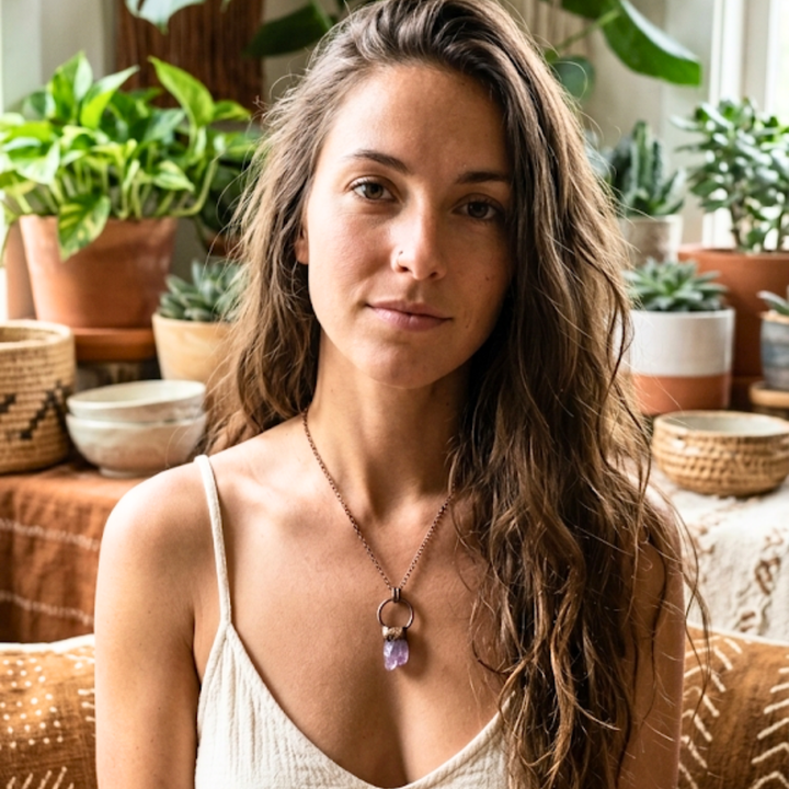 Raw Amethyst Crystal Point Necklace in Antique Copper – Bohemian Statement Jewelry