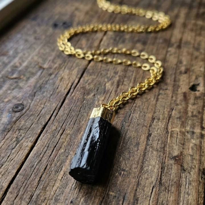 Raw Black Tourmaline Protection Necklace | Gold-Dipped Crystal Pendant