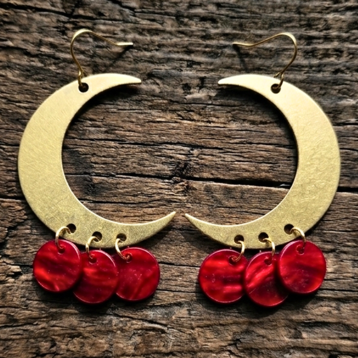 Celestial Moon & Crimson Disc Dangle Earrings | Raw Brass & Red Acetate