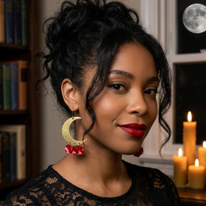 Celestial Moon & Crimson Disc Dangle Earrings | Raw Brass & Red Acetate