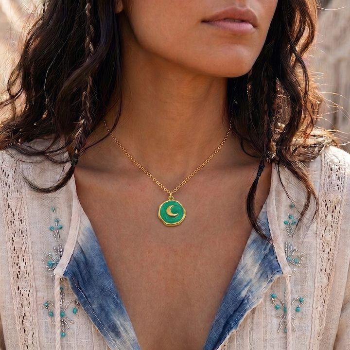 Gold Boho Crescent Moon Enamel Necklace – 18k Gold Plated Choker