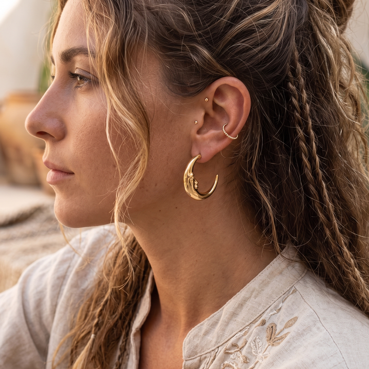 18k Gold Plated Moon Face Hoop Earrings - Celestial Raw Brass Crescent Hoops - Hypoallergenic Stainless Steel Posts