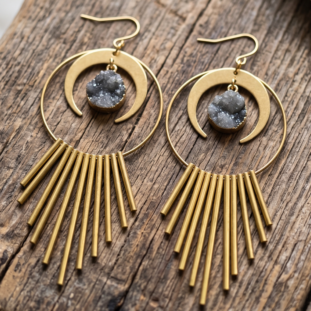 Celestial Moon & Sunburst Earrings - Raw Brass Druzy Style Dangles