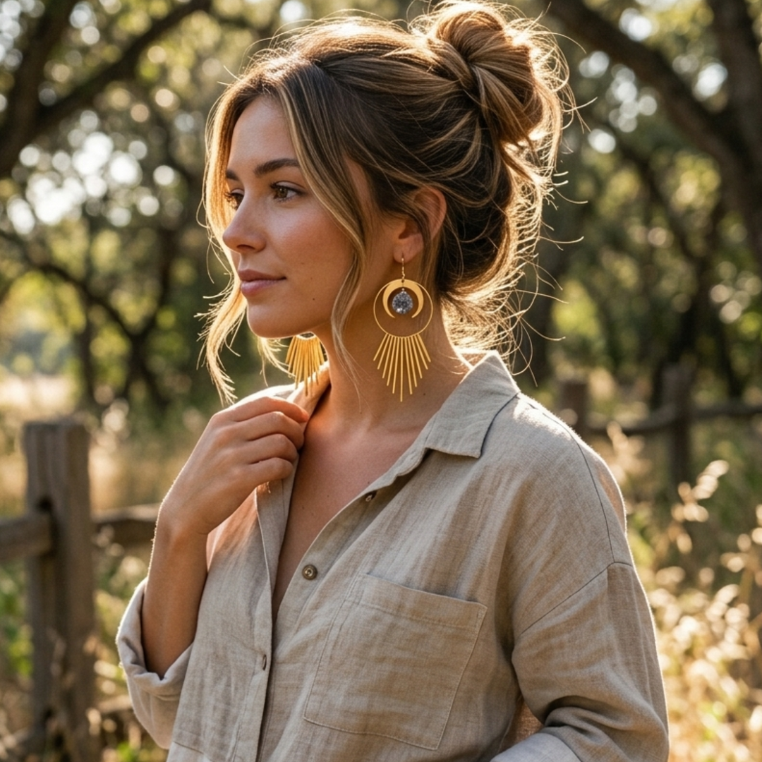 Celestial Moon & Sunburst Earrings - Raw Brass Druzy Style Dangles