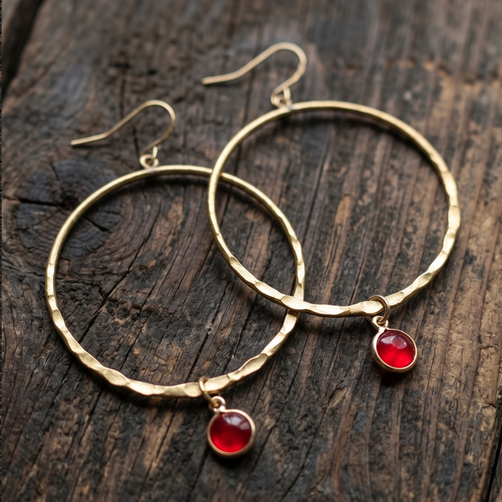 Crimson Solstice Hammered Brass Hoop Earrings with Faceted Red Crystal Droplets