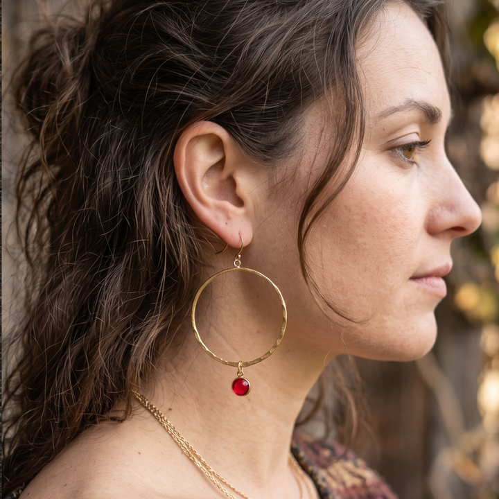 Crimson Solstice Hammered Brass Hoop Earrings with Faceted Red Crystal Droplets