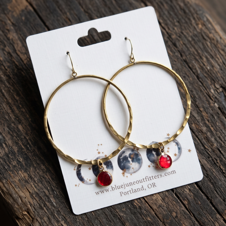 Crimson Solstice Hammered Brass Hoop Earrings with Faceted Red Crystal Droplets