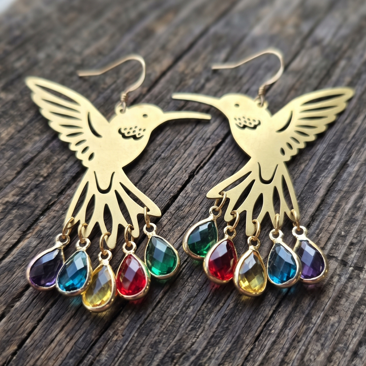 Golden Hummingbird & Rainbow Crystal Drop Earrings - Raw Brass Boho Jewelry