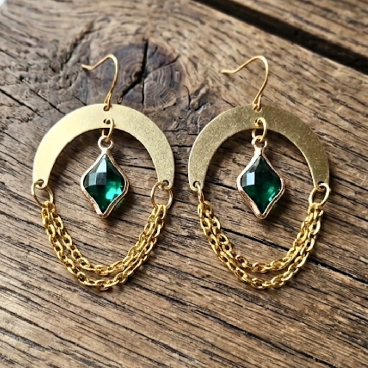 Celestial Emerald Drop Gold Chain Earrings