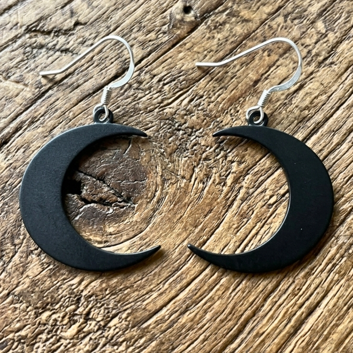 Matte Black Crescent Moon Earrings – Hypoallergenic Stainless Steel – Gothic Boho Celestial Jewelry