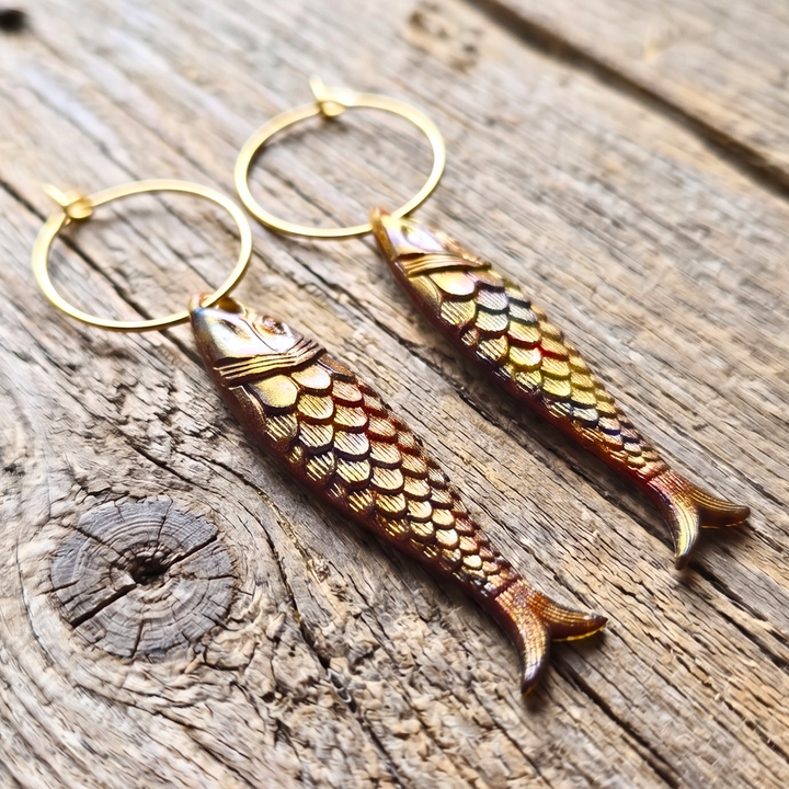 Boho 18k Gold Plated Fish Hoop Earrings – Detailed German Resin Charms