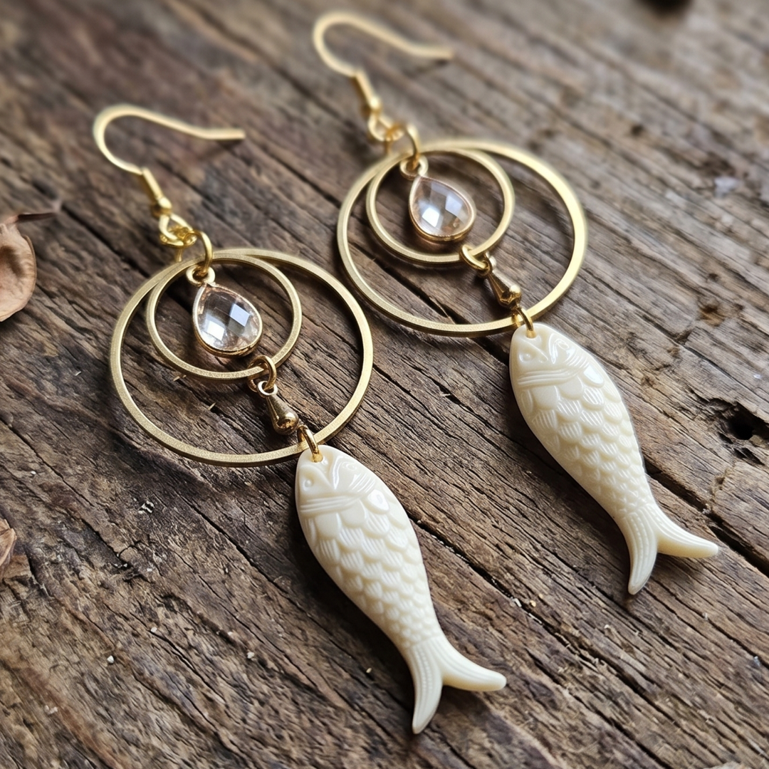Vintage Inspired Ivory Fish Dangle Earrings with Clear Crystal & Raw Brass