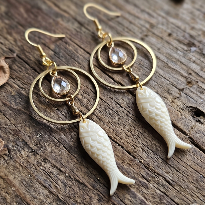 Vintage Inspired Ivory Fish Dangle Earrings with Clear Crystal & Raw Brass