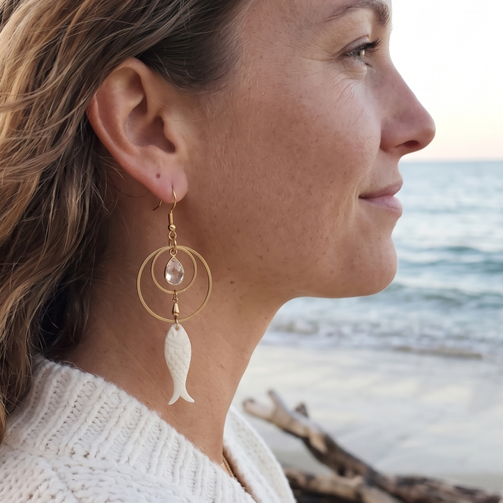 Vintage Inspired Ivory Fish Dangle Earrings with Clear Crystal & Raw Brass