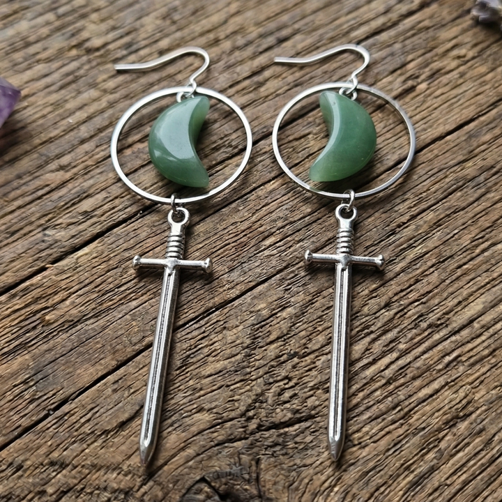 Ethereal Edge: Moon & Dagger Drop Earrings