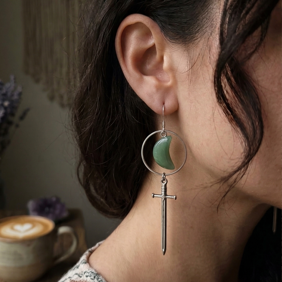 Ethereal Edge: Moon & Dagger Drop Earrings
