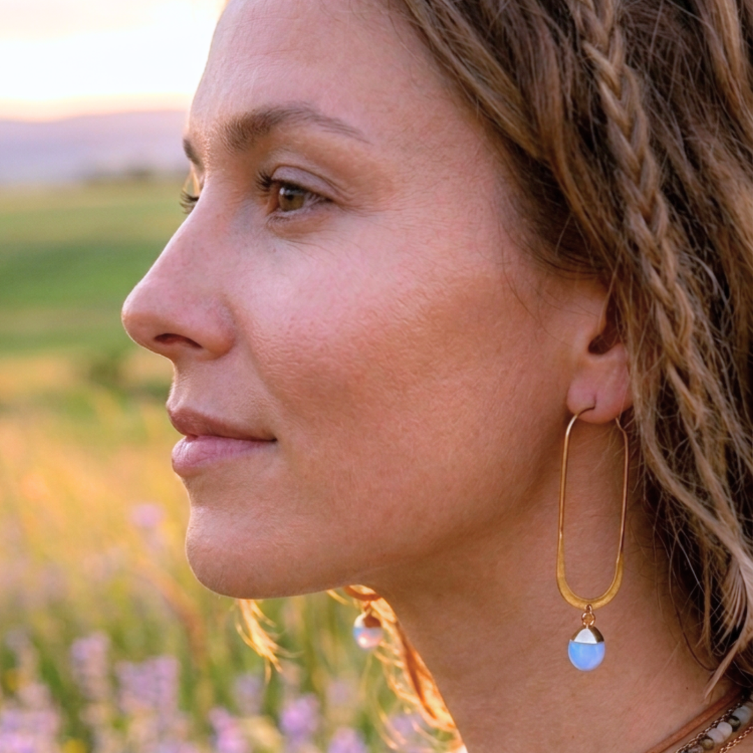 Opalite & Raw Brass U-Hoop Earrings - Lightweight Boho Geometric Jewelry
