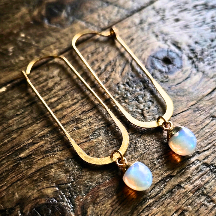 Opalite & Raw Brass U-Hoop Earrings - Lightweight Boho Geometric Jewelry