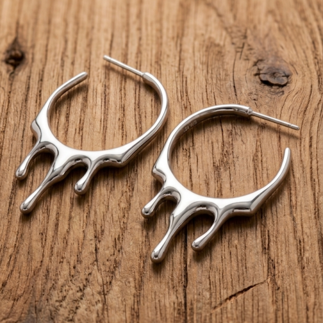 18k White Gold Plated "Liquid Drip" Sculptural Hoop Earrings | Avant-Garde Melting Metal Statement Jewelry