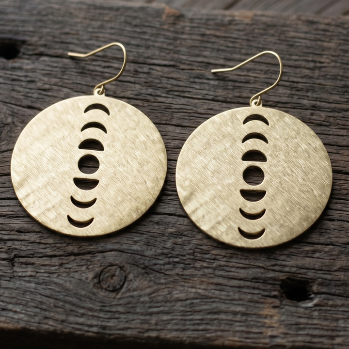 Brass Moon Phase Statement Earrings | Celestial Boho Jewelry