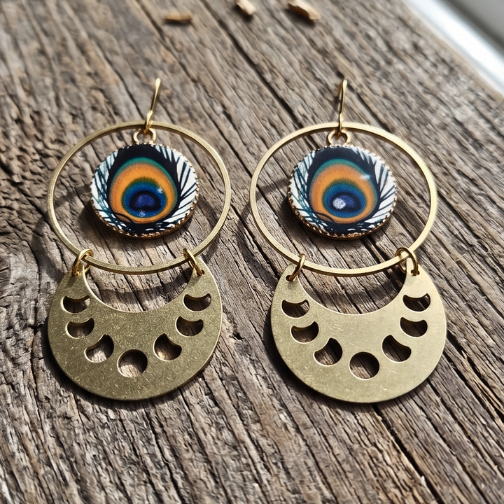Celestial Peacock Moon Phase Earrings | Raw Brass & Gold Plated Boho Dangles