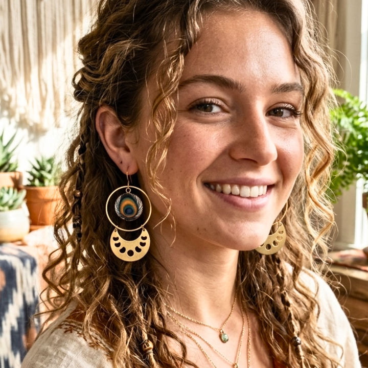 Celestial Peacock Moon Phase Earrings | Raw Brass & Gold Plated Boho Dangles
