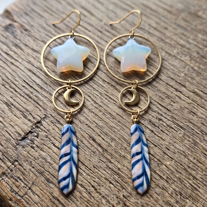 Celestial Opalite Star & Patterned Feather Earrings | 3.75" Bohemian Statement Dangles in Raw Brass