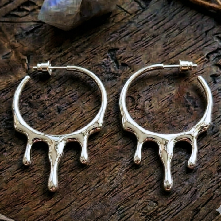 18k White Gold Plated "Liquid Drip" Sculptural Hoop Earrings | Avant-Garde Melting Metal Statement Jewelry