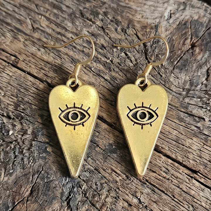 Gold Heart Evil Eye Dangle Earrings | Boho Brass Talisman Jewelry