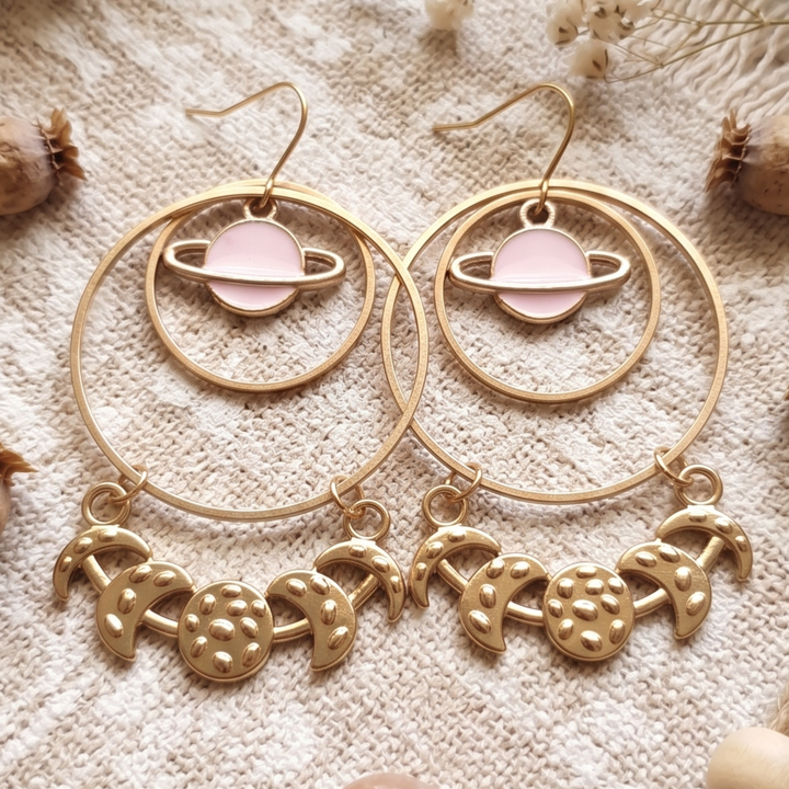 Celestial Saturn & Moon Phase Hoop Earrings – Gold Plated Boho Statement Jewelry