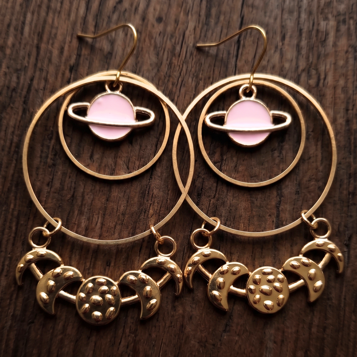 Celestial Saturn & Moon Phase Hoop Earrings – Gold Plated Boho Statement Jewelry