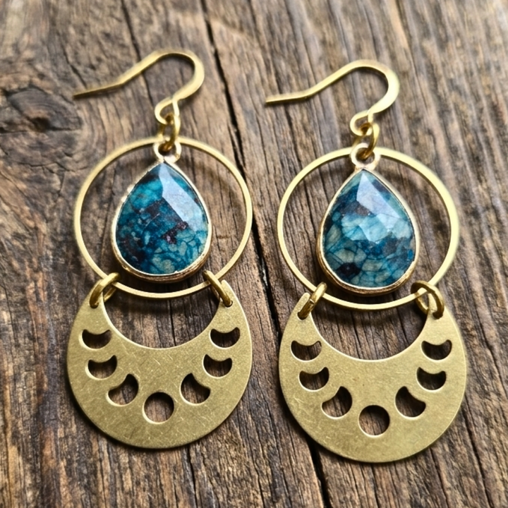 Mystical Moon Phase Dangle Earrings in Raw Brass & Epidote