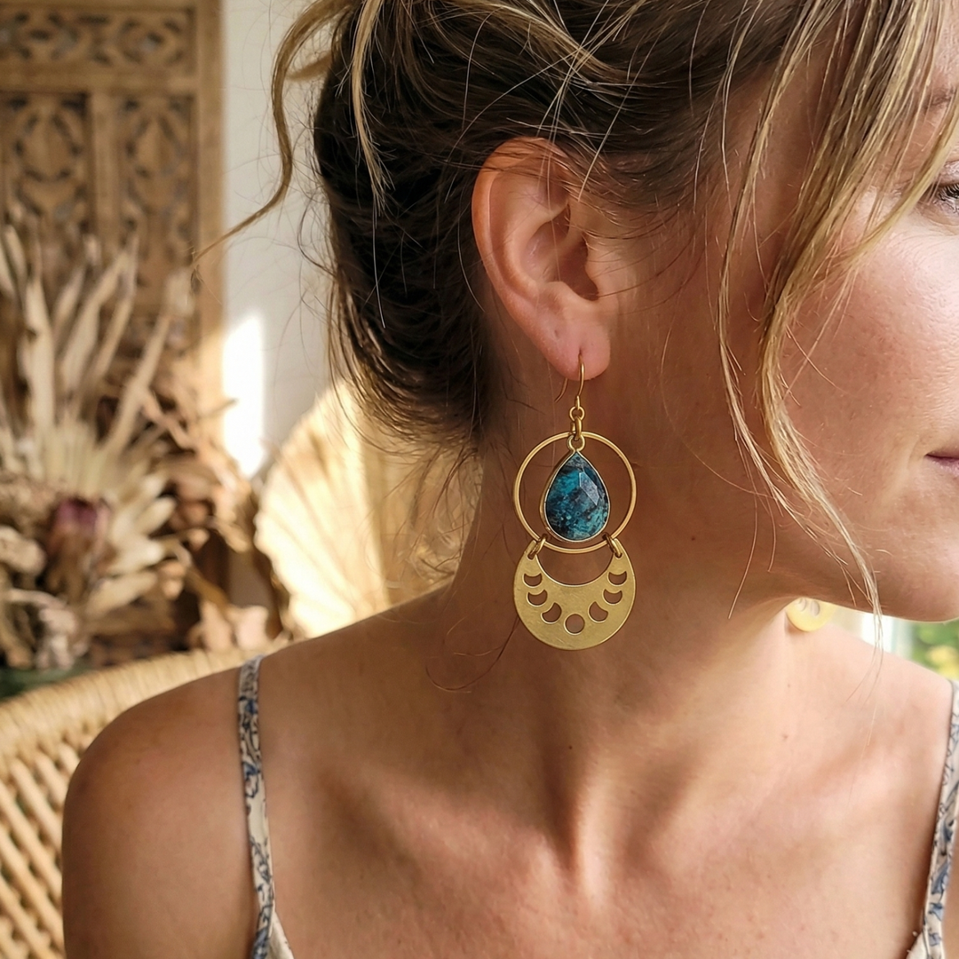 Mystical Moon Phase Dangle Earrings in Raw Brass & Epidote