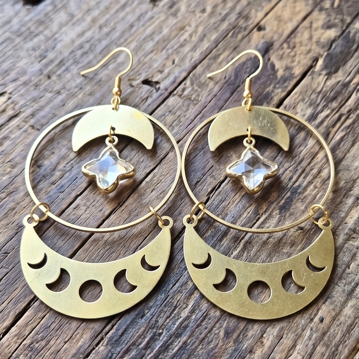 Celestial Moon Phase Hoop Earrings with Faceted Star Crystal – Raw Brass