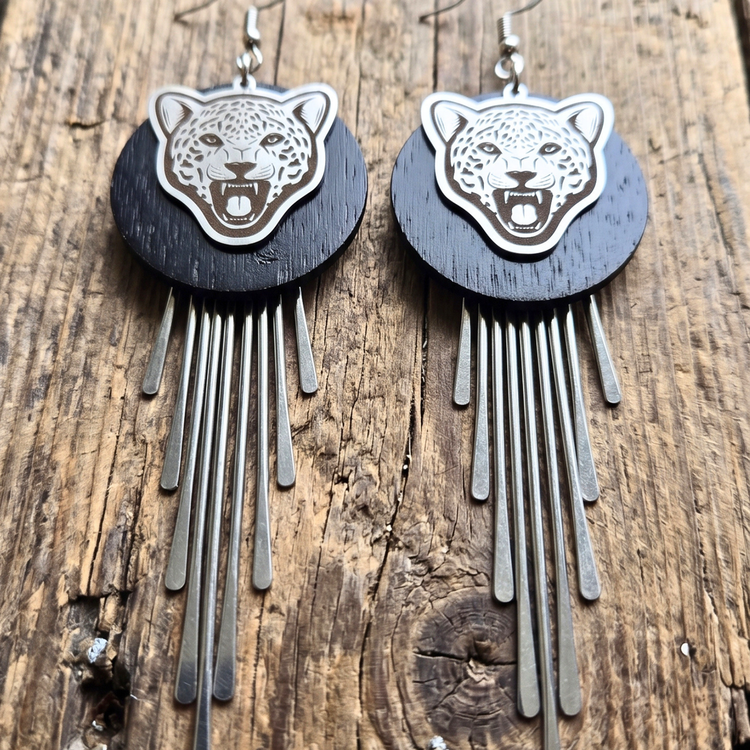 Wild Spirit Leopard Fringe Dangle Earrings – Matte Black & Stainless Steel Boho Statement Jewelry