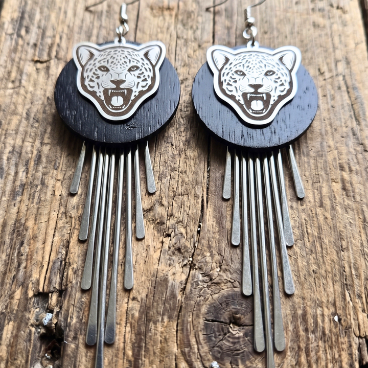 Wild Spirit Leopard Fringe Dangle Earrings – Matte Black & Stainless Steel Boho Statement Jewelry