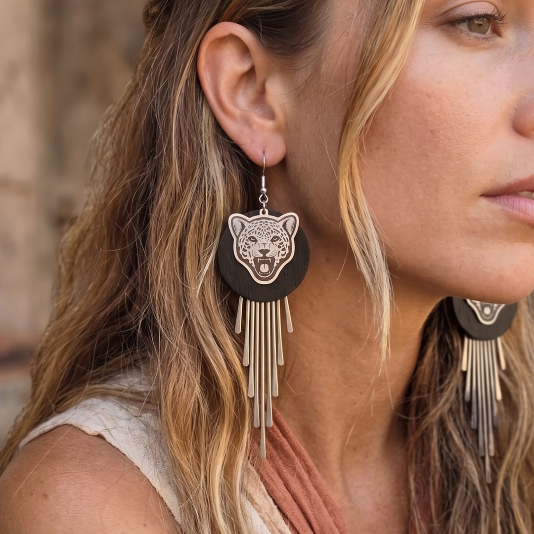 Wild Spirit Leopard Fringe Dangle Earrings – Matte Black & Stainless Steel Boho Statement Jewelry