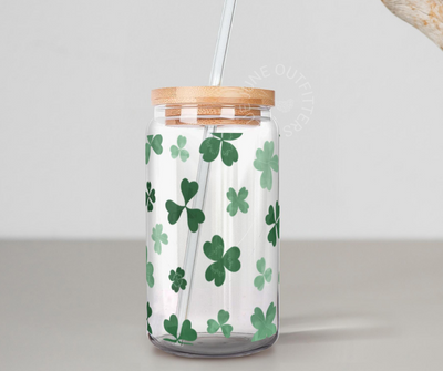 Shamrocks 16 oz Glass Cup With Lid and Straw